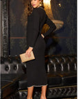 Black Soft knit long sleeves bodycon dress with cream line contrast design