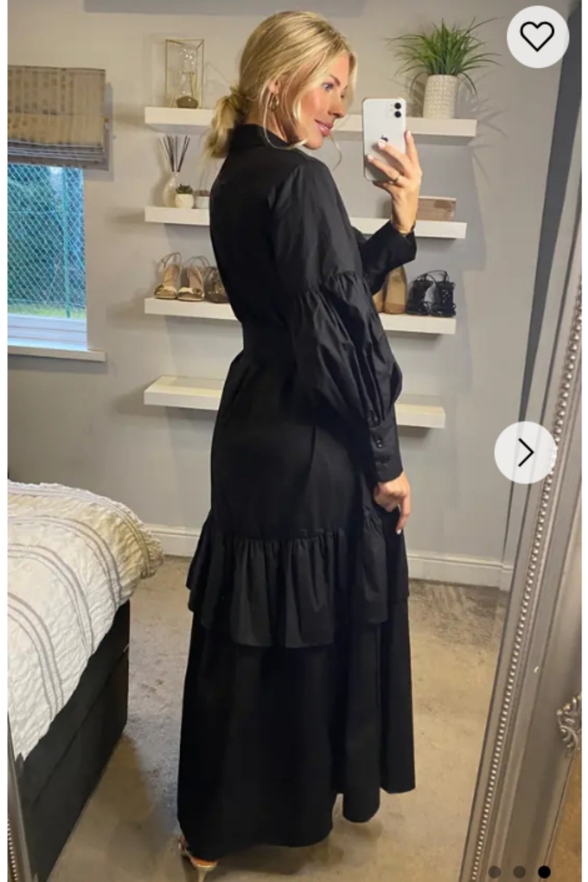 Puff sleeve shirt dress with tiered hem skirt in black