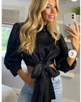 Cross Back and fron tie up crop shirt top in black
