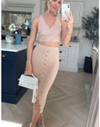 Wrap deigned sleeveless vest top and midi skirt co-ords suits in beige