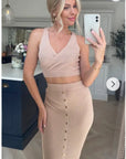Wrap deigned sleeveless vest top and midi skirt co-ords suits in beige