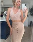 Wrap deigned sleeveless vest top and midi skirt co-ords suits in beige