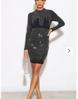 Long Sleeves Diamond Sequin short Dress in Black
