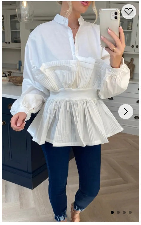 Ruffle design around chest and hem cotton shirt in white