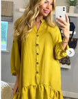 Long Sleeve Oversized Linen Shirt Dress in Mustard Yellow