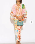 Leaves and Floral Scarf Pirnt Pleated Dress in Kimono sleeves in pink