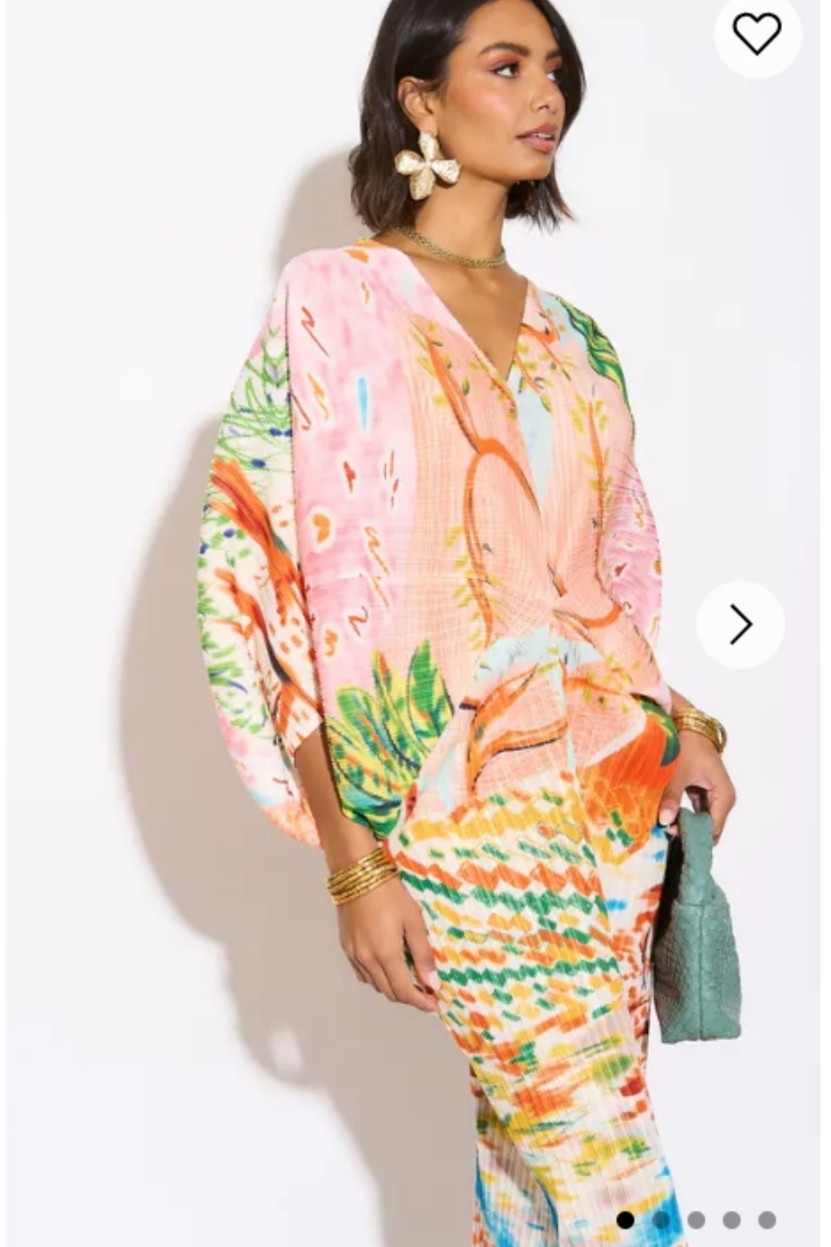 Leaves and Floral Scarf Pirnt Pleated Dress in Kimono sleeves in pink ...