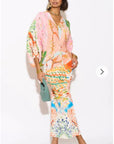 Leaves and Floral Scarf Pirnt Pleated Dress in Kimono sleeves in pink