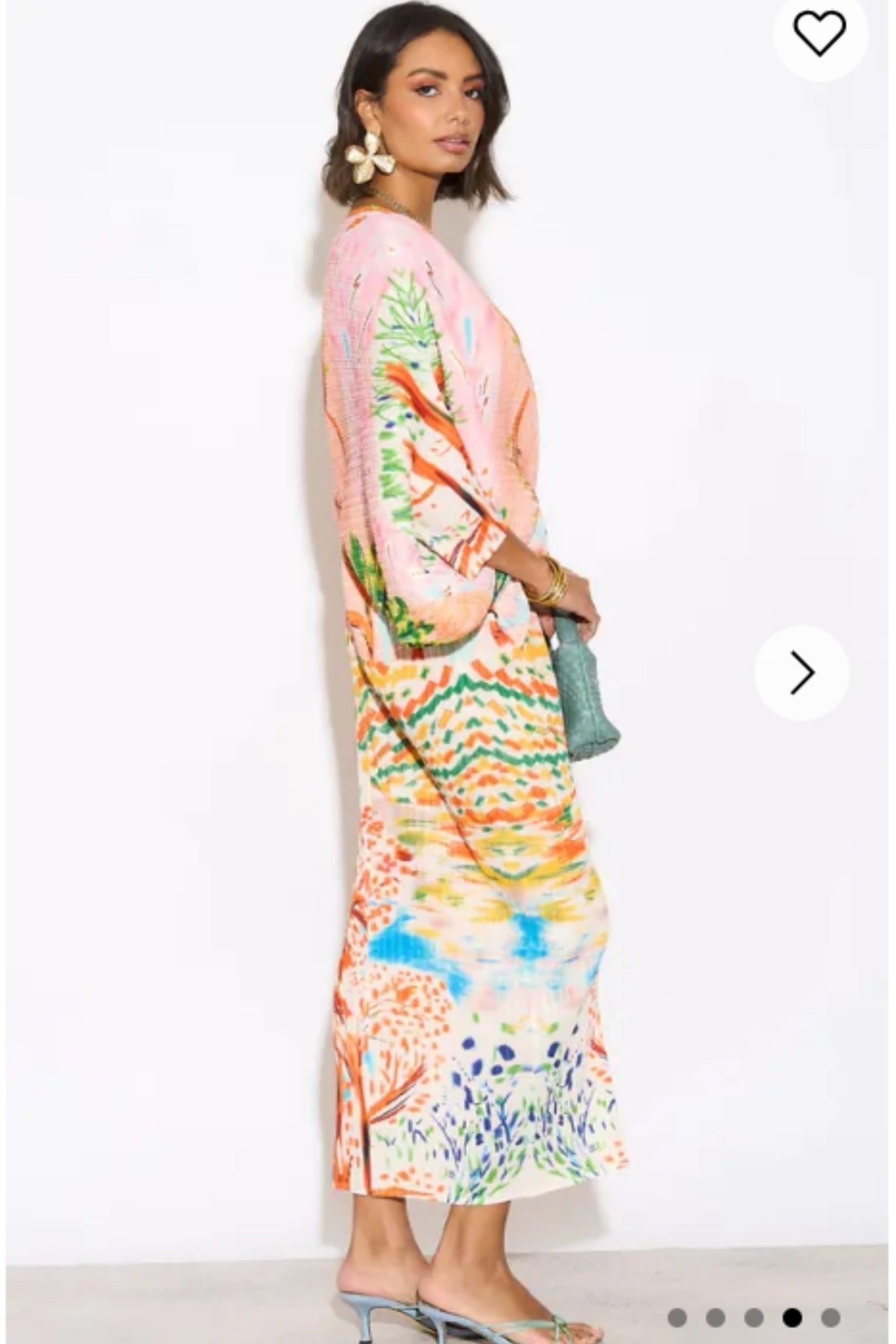 Leaves and Floral Scarf Pirnt Pleated Dress in Kimono sleeves in pink