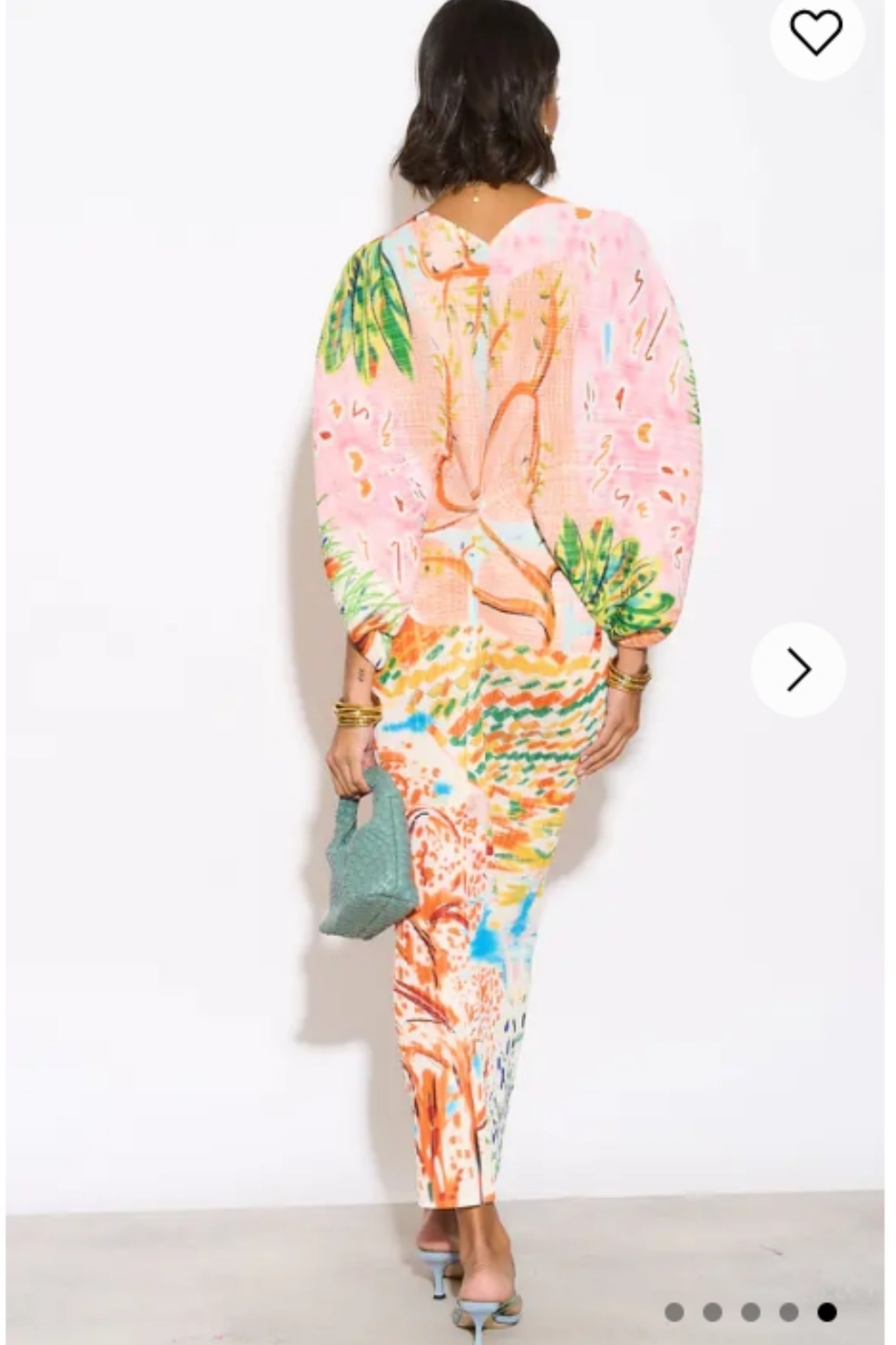 Leaves and Floral Scarf Pirnt Pleated Dress in Kimono sleeves in pink