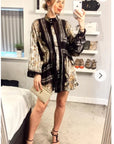 Black and Gold Scarf Print Mini Shirt Dress