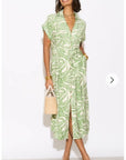 Multi Leaves' print Cotton Linen shirt dress short sleeves in Green