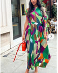 Aztec Print Pleated Dress in asymmetric sleeves design in Green