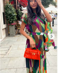 Aztec Print Pleated Dress in asymmetric sleeves design in Green