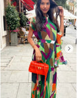 Aztec Print Pleated Dress in asymmetric sleeves design in Green