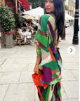 Aztec Print Pleated Dress in asymmetric sleeves design in Green
