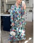 Floral Print Ruffle Multi Layer Hem design maxi long Dress in blue