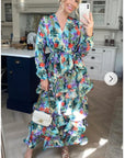 Floral Print Ruffle Multi Layer Hem design maxi long Dress in blue