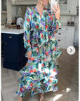 Floral Print Ruffle Multi Layer Hem design maxi long Dress in blue