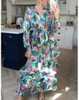 Floral Print Ruffle Multi Layer Hem design maxi long Dress in blue