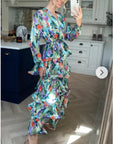 Floral Print Ruffle Multi Layer Hem design maxi long Dress in blue