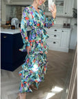 Floral Print Ruffle Multi Layer Hem design maxi long Dress in blue