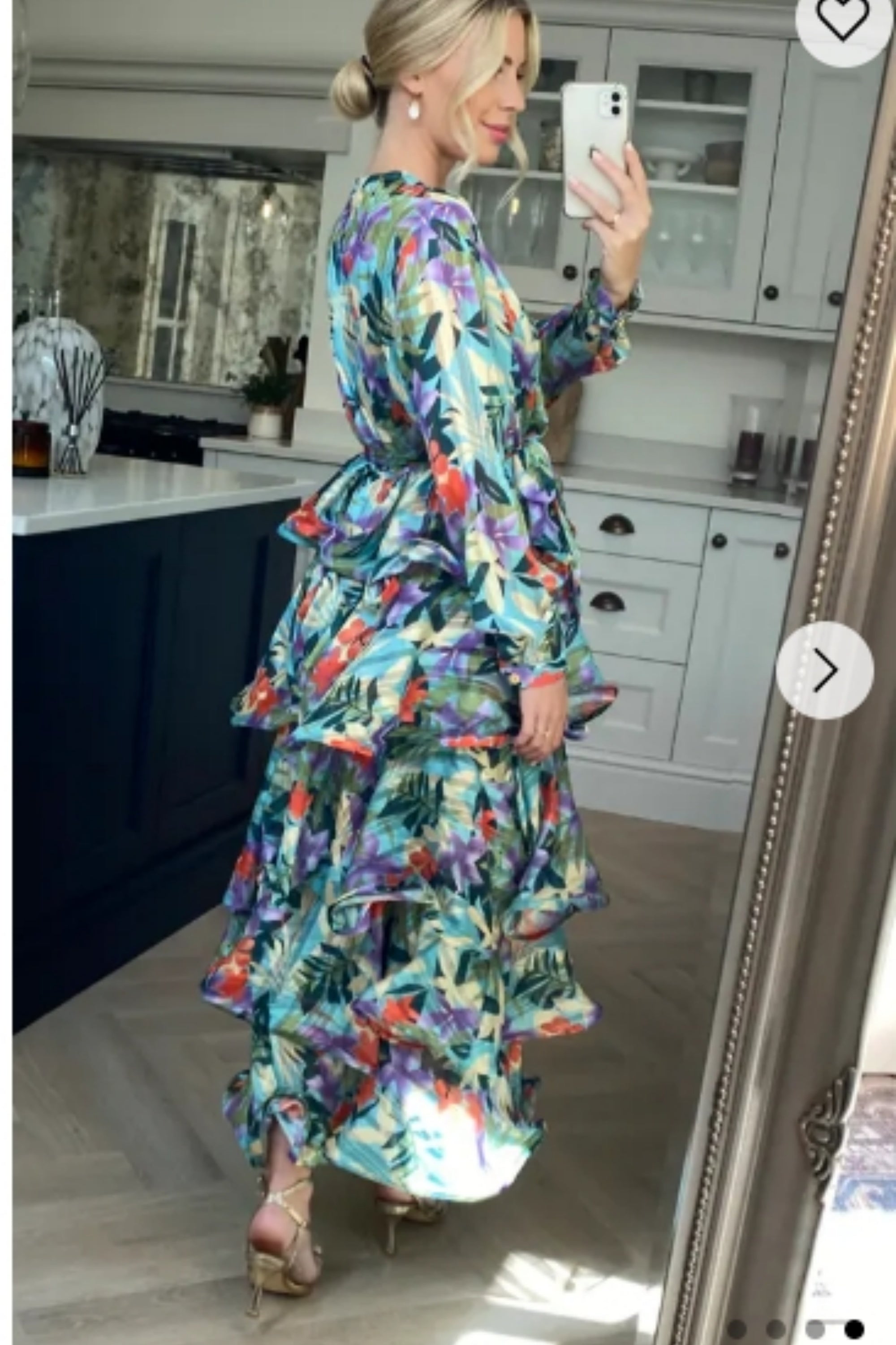 Floral Print Ruffle Multi Layer Hem design maxi long Dress in blue