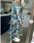 Floral Print Ruffle Multi Layer Hem design maxi long Dress in blue