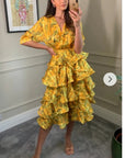 Floral Print Ruffle Multi Layer Hem Design Dress In Yellow