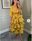 Floral Print Ruffle Multi Layer Hem Design Dress In Yellow