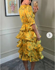 Floral Print Ruffle Multi Layer Hem Design Dress In Yellow