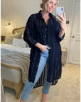 Oversized shirt dress in black with chiffon ruffle stripe design