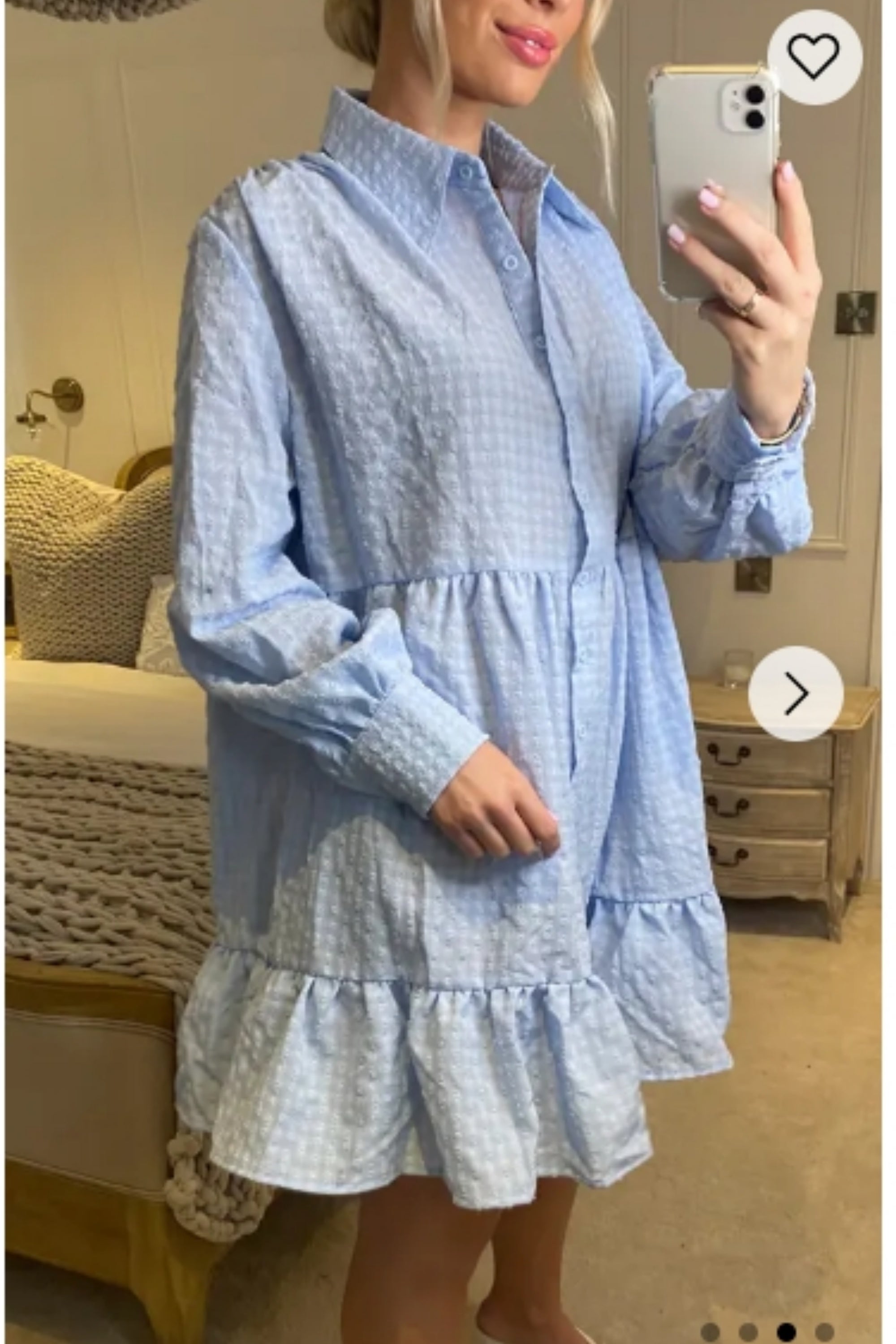 Blue color Oversized shirt dress in pop pattern fabric in ruffle hem design