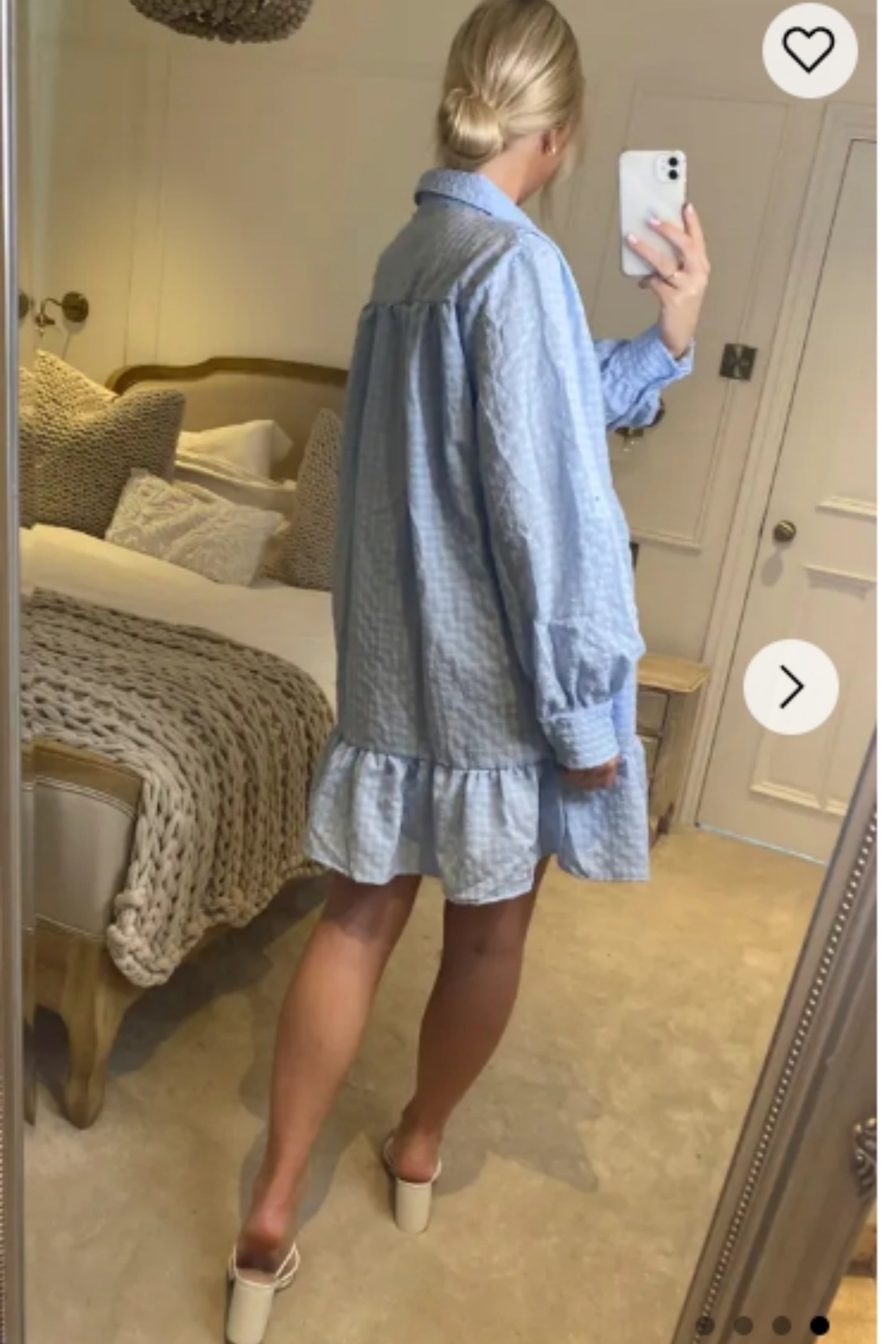 Blue color Oversized shirt dress in pop pattern fabric in ruffle hem design