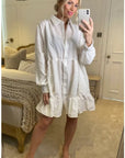 White color Oversized shirt dress in pop pattern fabric in ruffle hem design