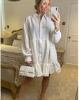 White color Oversized shirt dress in pop pattern fabric in ruffle hem design
