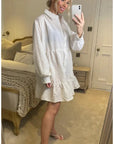 White color Oversized shirt dress in pop pattern fabric in ruffle hem design