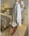 White color Oversized shirt dress in pop pattern fabric in ruffle hem design