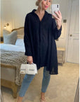 Oversized shirt dress in black with shimmy hues fabric design