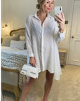 Oversized shirt dress in white with shimmy hues fabric design