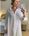 Oversized shirt dress in white with shimmy hues fabric design