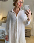 Oversized shirt dress in white with shimmy hues fabric design