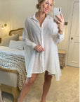 Oversized shirt dress in white with shimmy hues fabric design