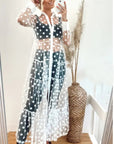 Spotted design Lace shirt dress cardigan in White
