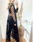 Spotted design Lace shirt dress cardigan in Black