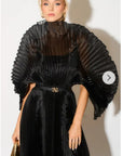 Pleated long dress with organza pleated cape sleeves