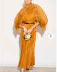 Pleated long dress with organza pleated cape sleeves in Gold