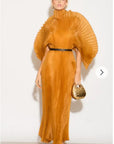 Pleated long dress with organza pleated cape sleeves in Gold