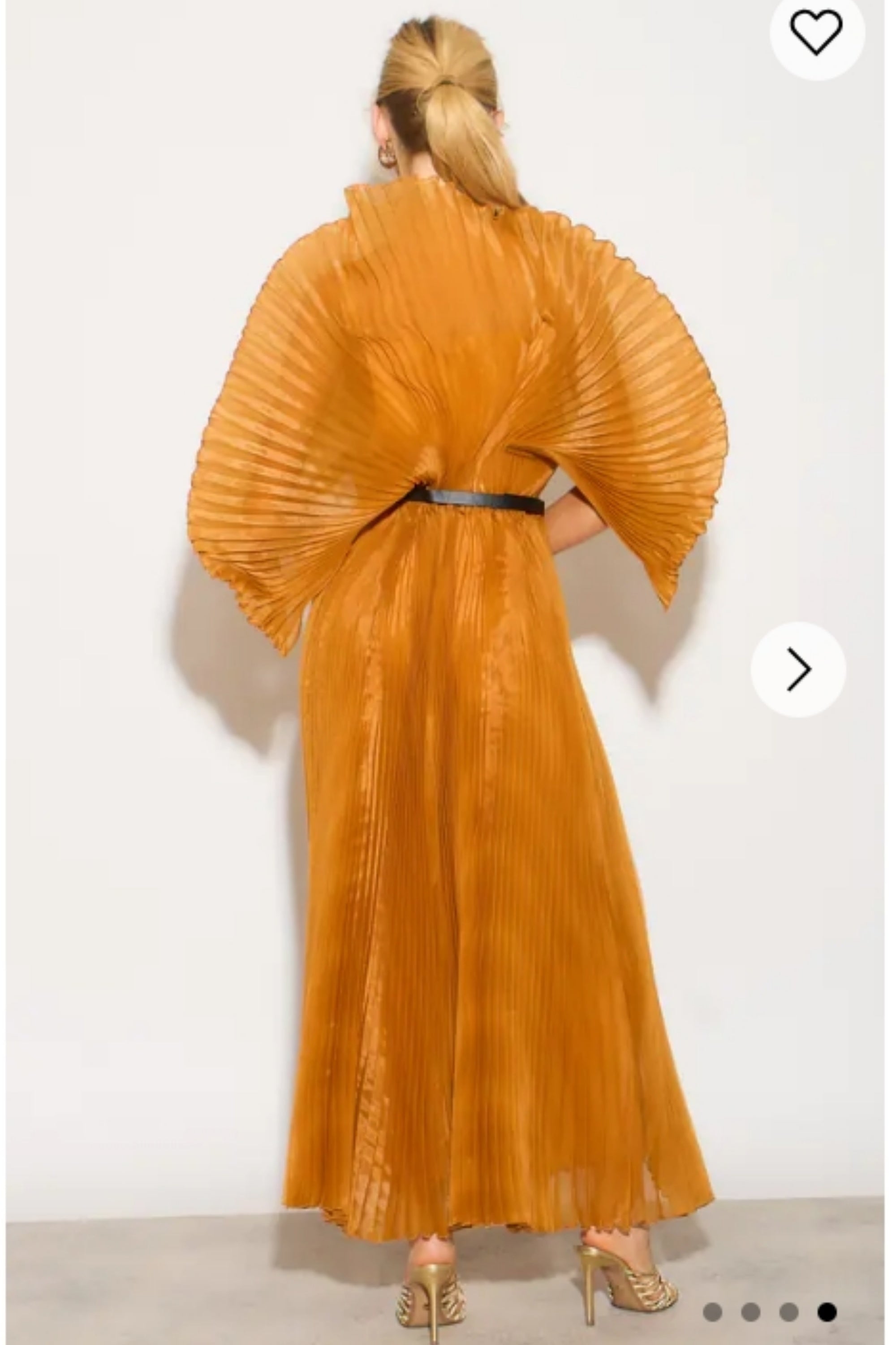 Pleated long dress with organza pleated cape sleeves in Gold