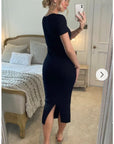 Soft Knitted Ribbed Midi Split Hem Bodycon Dress In Black